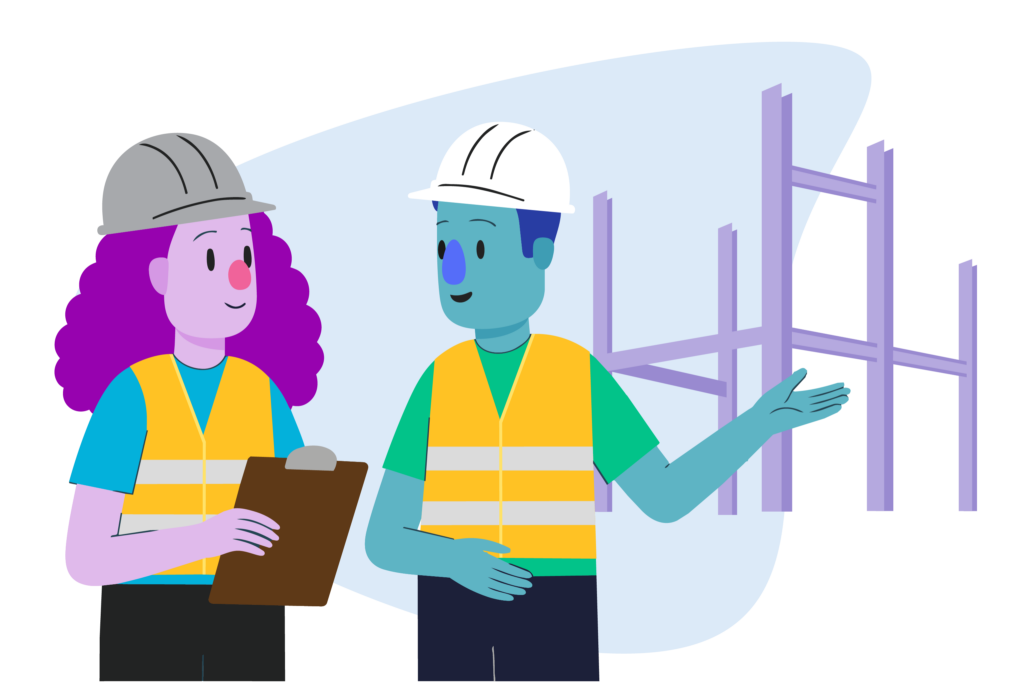 An illustration of two construction workers in conversation. They are wearing safety vests and hard hats. One of them holds a clipboard. 